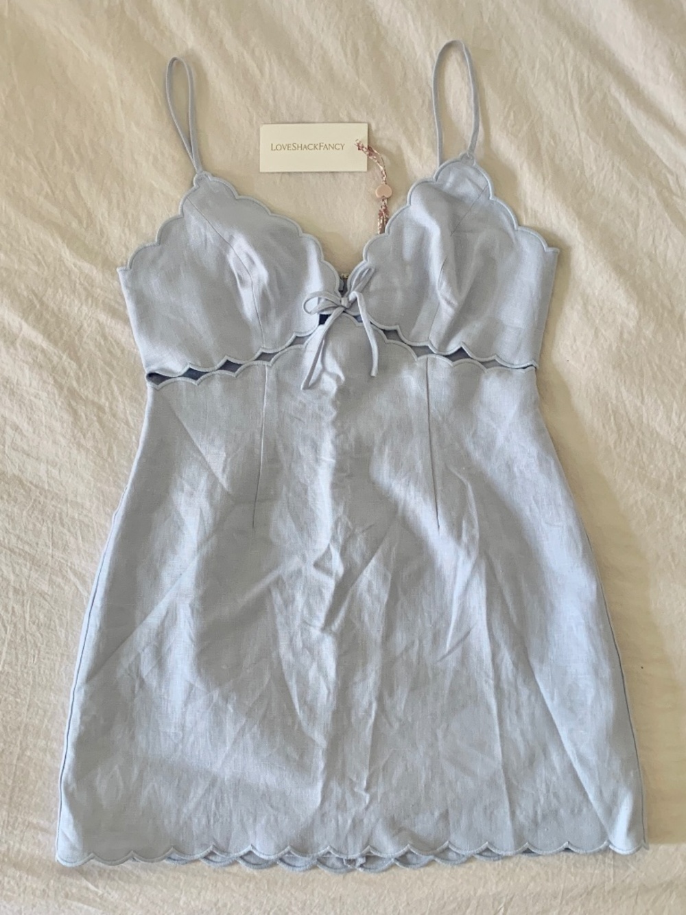 Love Shack Fancy Sydow Mini Linen Dress Blue 4 NWT